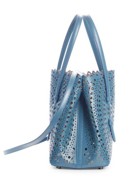 Shop Alaïa Small Mina Perforated Leather Tote In Bleu Ardoise