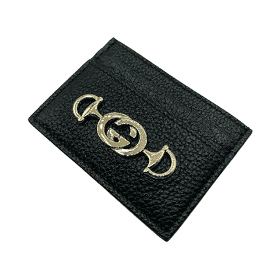 Shop Gucci New Women's  Zumi Black Leather Card Holder Wallet Metal Gg Logo W/box