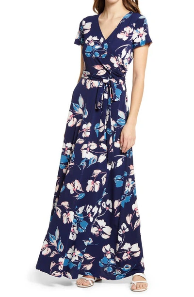 Shop Eliza J Floral V-neck Stretch Knit Maxi Dress In Navy