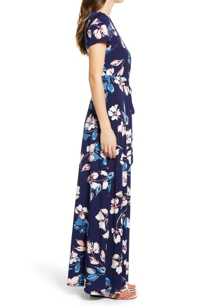 Shop Eliza J Floral V-neck Stretch Knit Maxi Dress In Navy