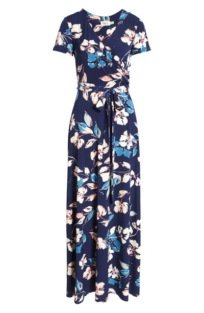 Shop Eliza J Floral V-neck Stretch Knit Maxi Dress In Navy