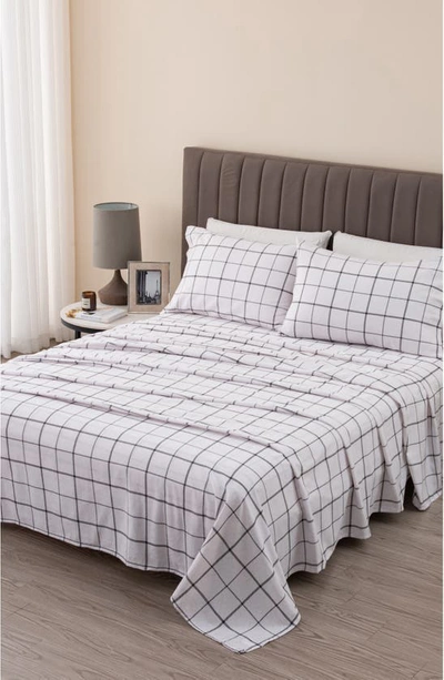Woven & Weft Turkish Cotton Windowpane Printed Flannel Sheet Set In Windowpane - White / Grey