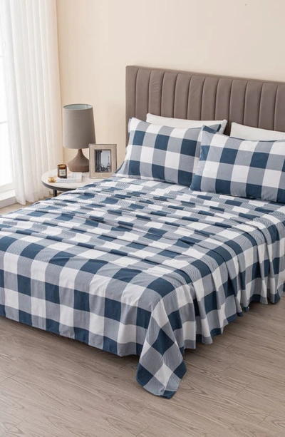Woven & Weft Turkish Cotton Check Printed Flannel Sheet Set In Buffalo Check - Navy