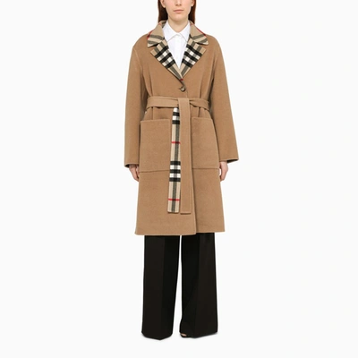 Shop Burberry Beige Reversible Wool Coat
