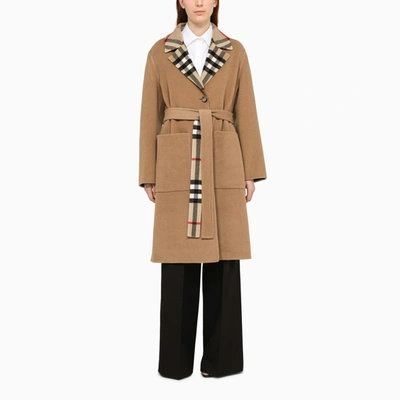 Burberry Reversible Check Double Face Wool Coat In Beige