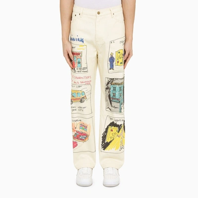 Shop Kidsuper Studio Ivory Trousers With Screen Play Prints In Beige