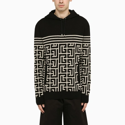 Shop Balmain Wool Sweatshirt With Black/ivory Monogram