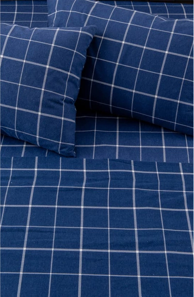 Woven & Weft Turkish Cotton Windowpane Printed Flannel Sheet Set In Windowpane - Navy / White