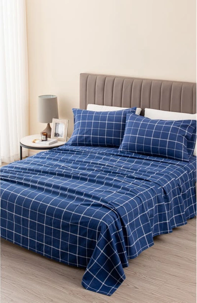 Woven & Weft Turkish Cotton Windowpane Printed Flannel Sheet Set In Windowpane - Navy / White