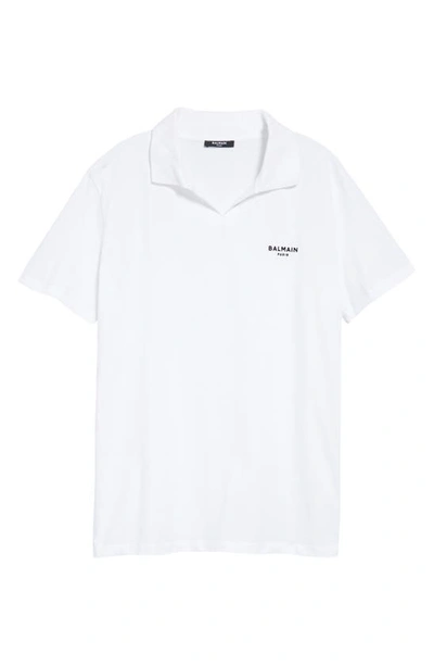 Shop Balmain Flocked Logo Organic Cotton Polo In White/ Black