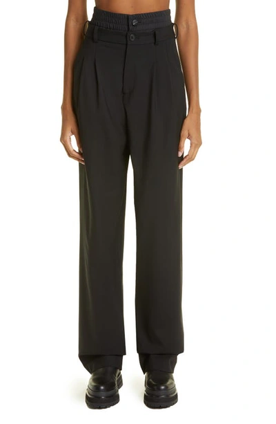 Shop Monse Double Waistband Pleated Straight Leg Stretch Wool Pants In Black