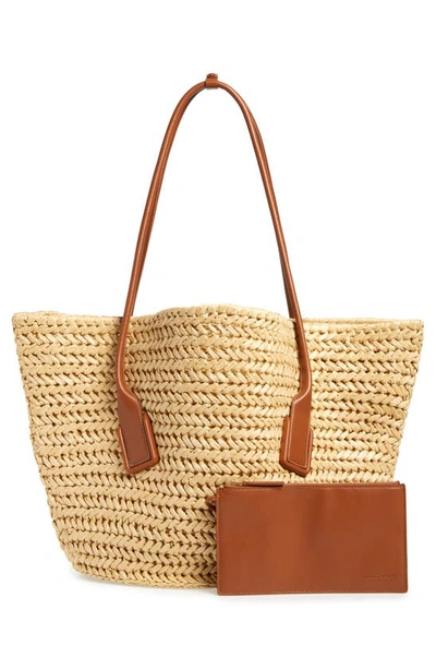 Shop Bottega Veneta Medium Arco Crochet Raffia Tote In 8518 Natural-wood/ Wo-n-g