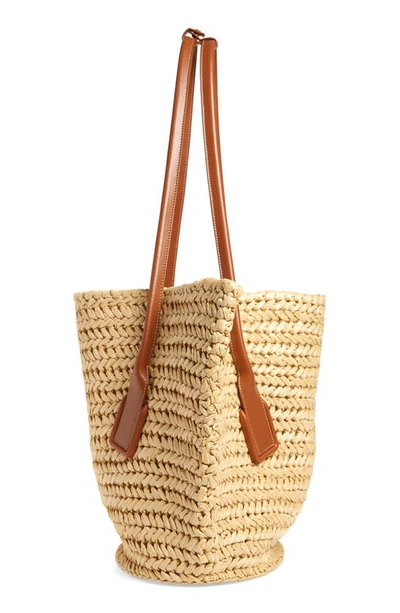 Shop Bottega Veneta Medium Arco Crochet Raffia Tote In 8518 Natural-wood/ Wo-n-g