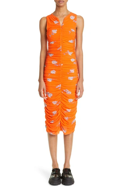 Shop Ganni Floral Ruched Mesh Midi Dress In Orangeade