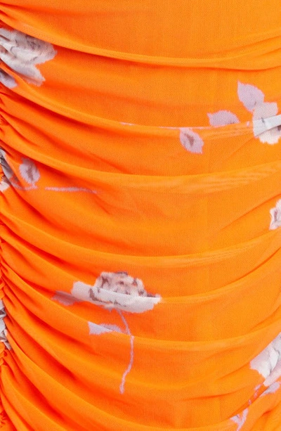 Shop Ganni Floral Ruched Mesh Midi Dress In Orangeade