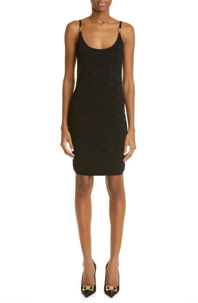 Shop Versace Medusa Embellished La Greca Jacquard Knit Minidress In Black