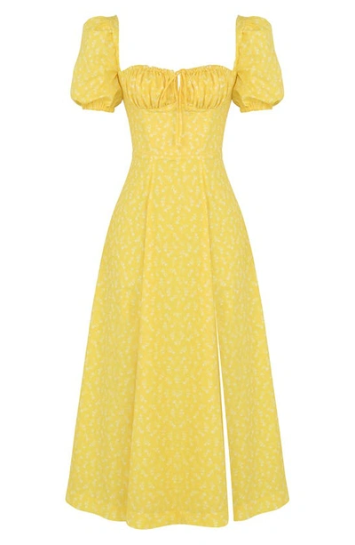 Shop House Of Cb Tallulah Puff Sleeve Midi Dress In Yellow Floral