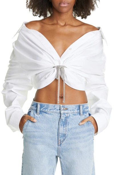 Shop Alexander Wang Athena Crystal Tie Off The Shoulder Crop Cotton Blouse In White