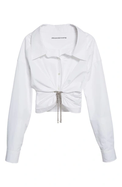 Shop Alexander Wang Athena Crystal Tie Off The Shoulder Crop Cotton Blouse In White