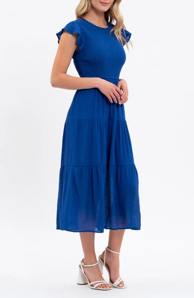 Shop Blu Pepper Flutter Sleeve Smocked Tiered Midi Dress In Royal Blue