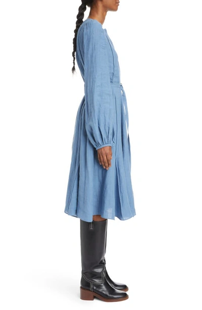 Shop Chloé Belted Long Sleeve Linen Voile Dress In Pure Blue