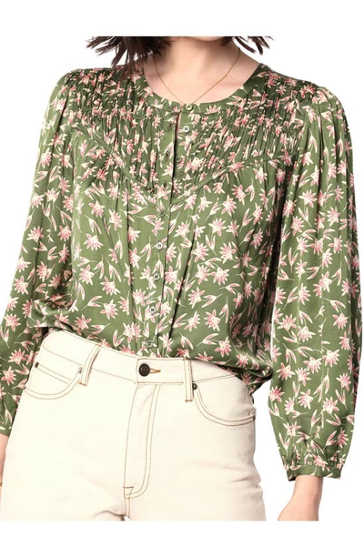 Joie Fanning Floral Print Lace-up Blouse In Loden Green Multi