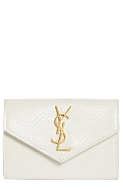 Shop Saint Laurent Small Monogram Lizard Embossed Leather Envelope Wallet In Crema Soft