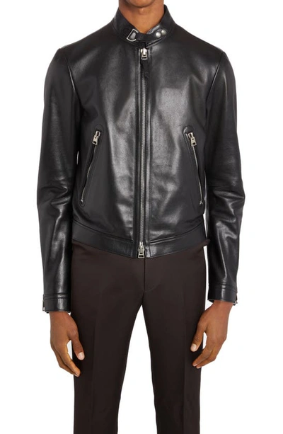 Shop Tom Ford Plongé Leather Cafe Biker Jacket In Black