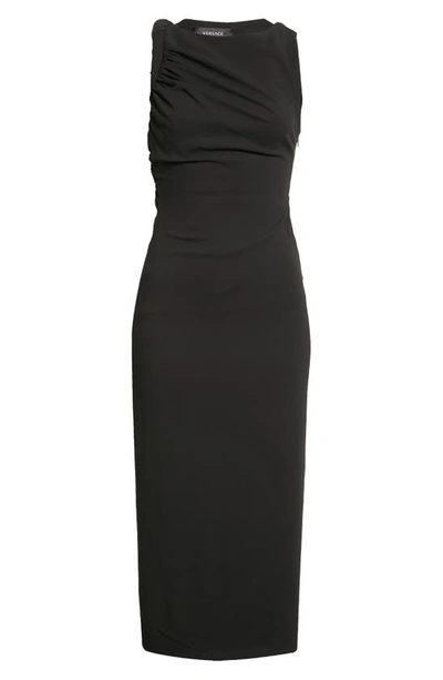 Shop Versace Rolled Shoulder Sleeveless Jersey Midi Dress In Black