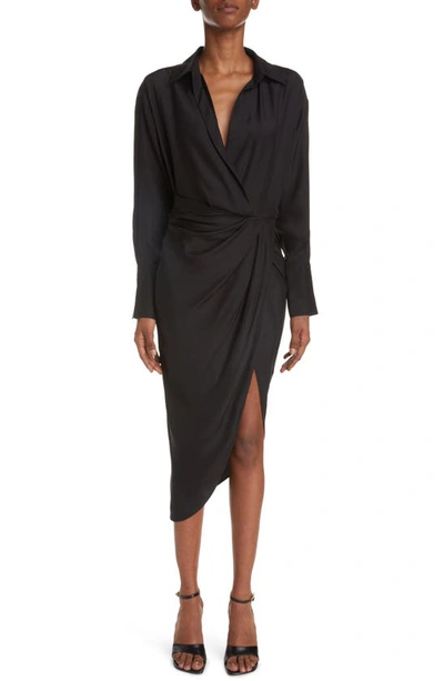 Shop Gauge81 Puno Long Sleeve Faux Wrap Silk Dress In Black