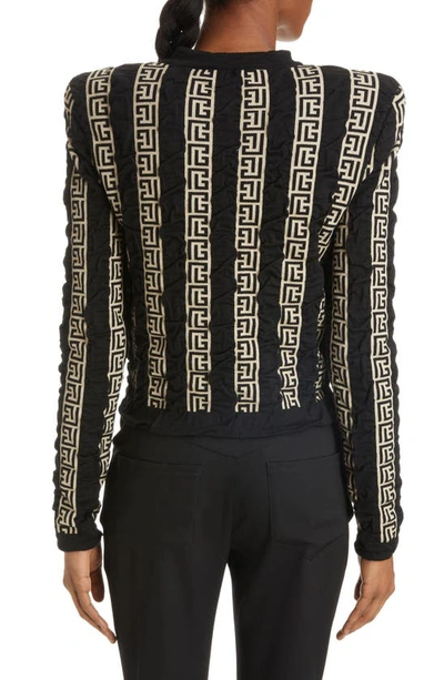 Shop Balmain Monogram Stripe Wool Blend Cardigan In Ivory/ Black
