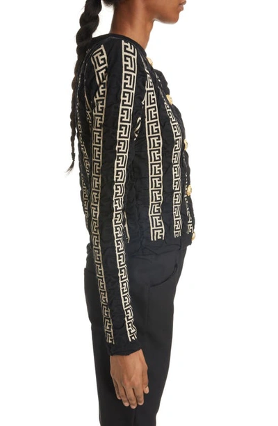 Shop Balmain Monogram Stripe Wool Blend Cardigan In Ivory/ Black