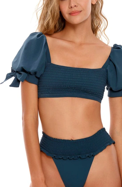 Shop Agua Bendita Eileen Fera Puff Sleeve Bikini Top In Petrol Blue