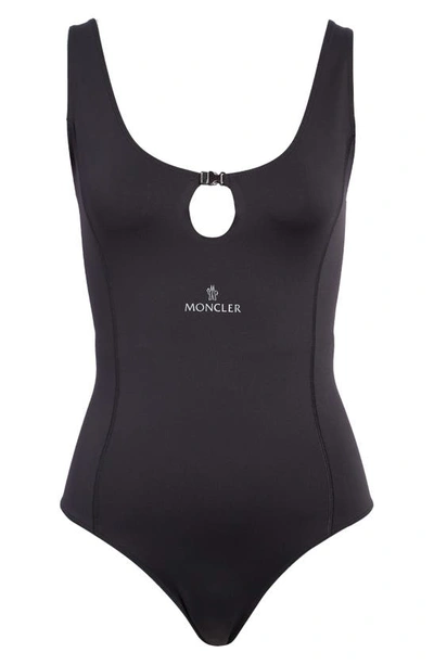 Shop Moncler Logo Cutout One-piece Swimsuit In Black