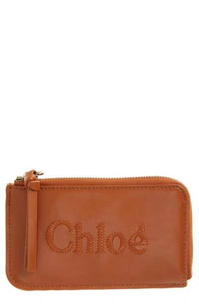 Shop Chloé Sense Leather Zip Card Case In 247 Caramel