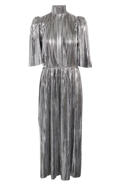 Shop Lisou Diane Pleated Puff Sleeve A-line Dress In Silver