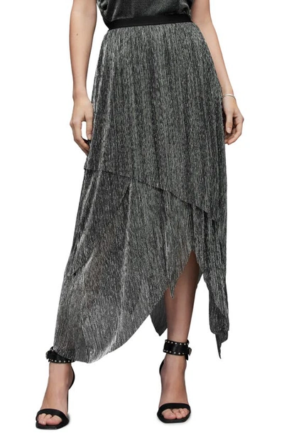 Shop Allsaints Veena Metallic Shimmer Asymmetric Skirt In Silver