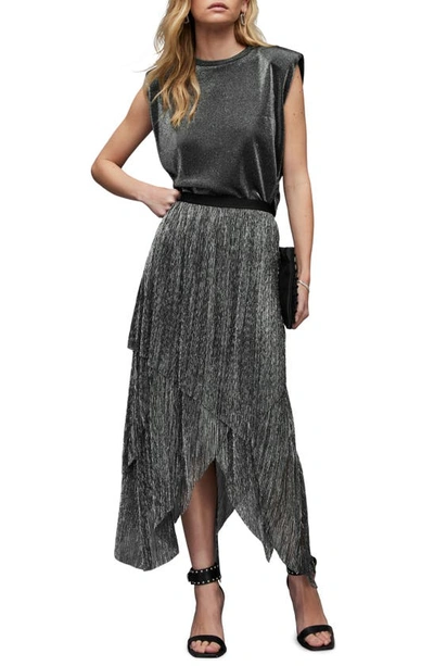Shop Allsaints Veena Metallic Shimmer Asymmetric Skirt In Silver