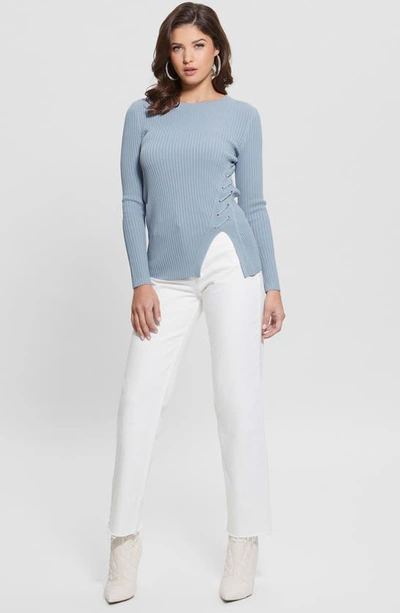 Shop Guess Irmine Laced-up Rib Sweater In Blue