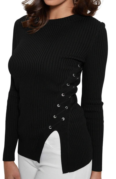 Shop Guess Irmine Laced-up Rib Sweater In Black
