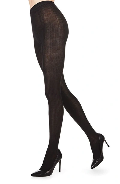 Shop Memoi Rib Knit Tights In Black