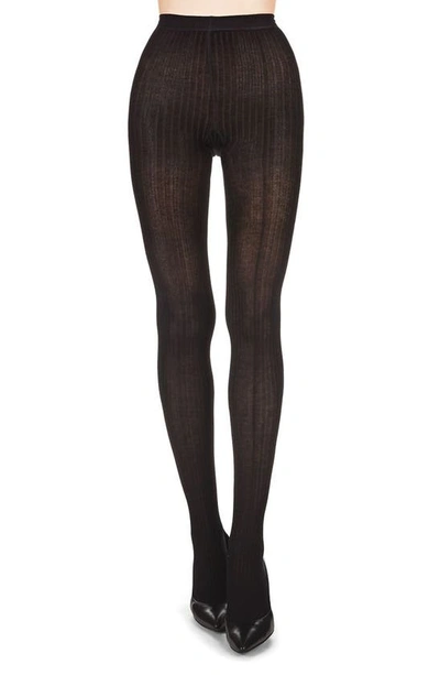 Shop Memoi Rib Knit Tights In Black