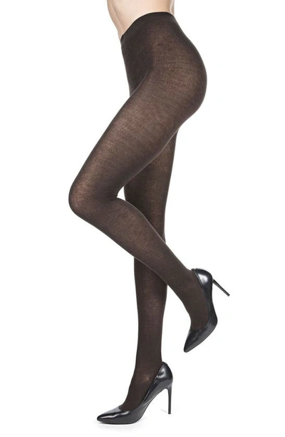 Memoi Flat Knit Sweater Tights In Brown Heather