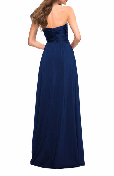 Shop La Femme Strapless Jersey Gown In Navy