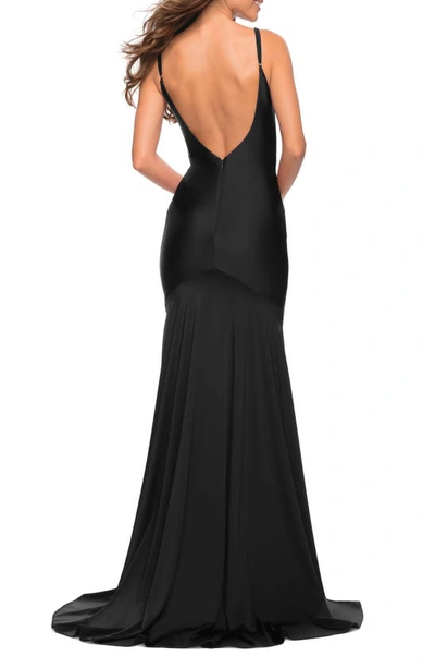Shop La Femme Sleeveless Jersey Gown With Train In Black