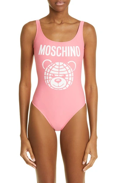 Shop Moschino Teddy Logo One-piece Swimsuit In Fantasy Print Fucsia