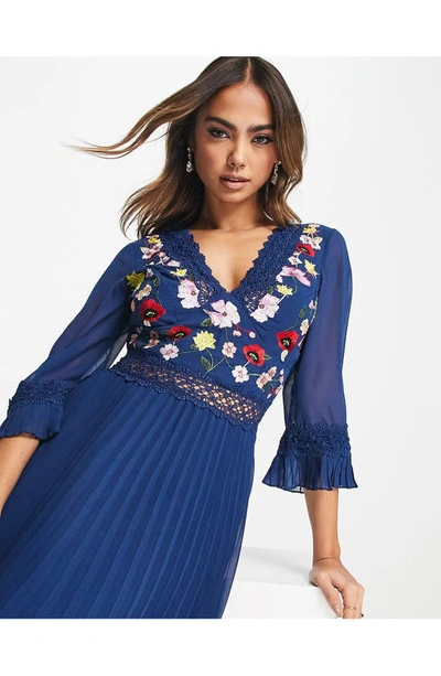 Shop Asos Design Floral Embroidered Pleated Midi Dress In Navy