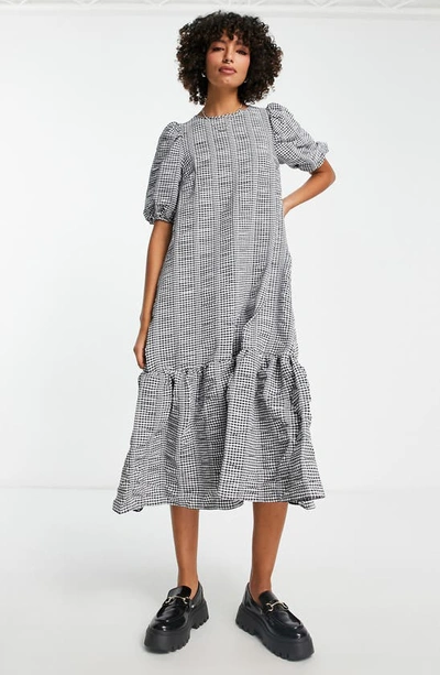 Shop Asos Design Gingham Puff Sleeve Cotton Midi Dress In Black