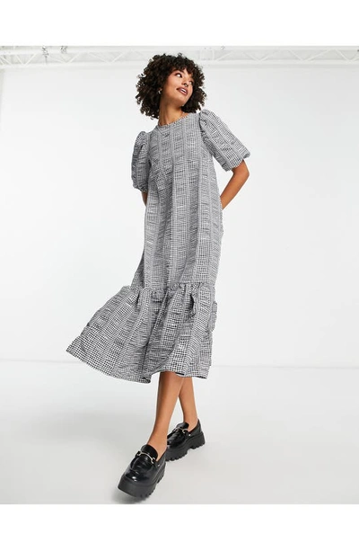 Shop Asos Design Gingham Puff Sleeve Cotton Midi Dress In Black