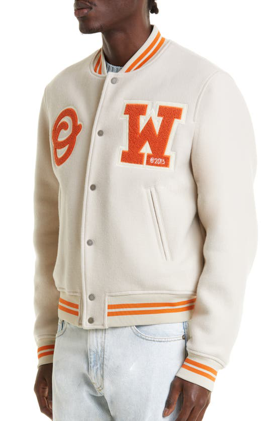 OFF-WHITE OW Logo-Patch Wool Varsity Jacket New Beige/Orange